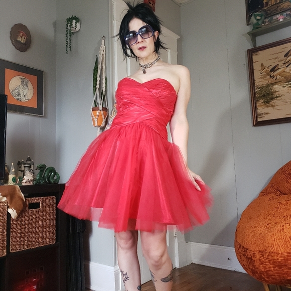 SOLD 80s Vintage Red Tulle Minidress Medium Sheer 1980s Prom Party Mini Dress - Picture 14 of 15